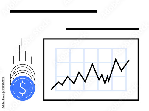 Blue coins with dollar sign falling next to a rising line graph indicating financial growth. Ideal for investments, economic growth, financial planning, stock market, business success, profit