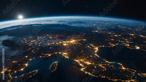 A stunning and realistic view of Earth as seen from space, with glowing city lights, a rising sun casting a warm glow, and the curvature of the atmosphere. photo