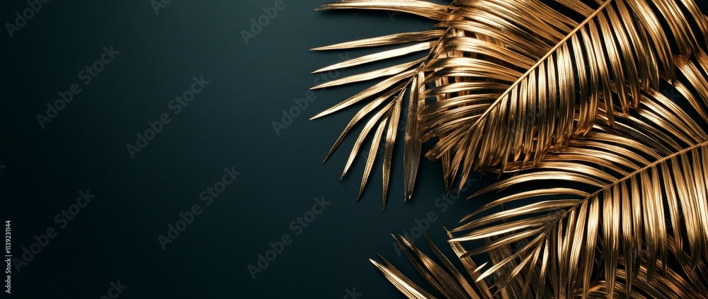 Naklejka premium Gold palm leaves on dark background. (3)