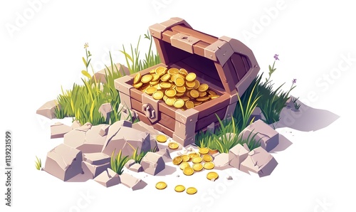 Open wooden treasure chest overflowing with gold coins on ground. photo