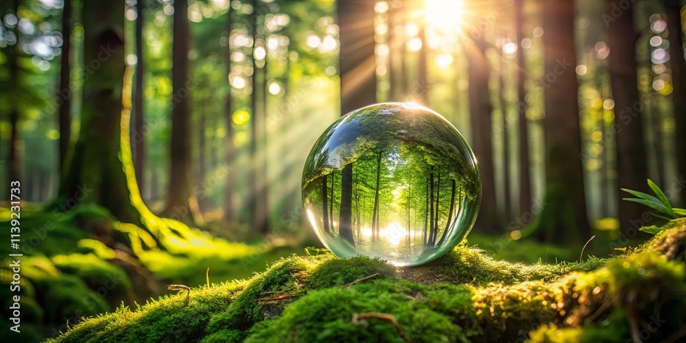 A Crystal Sphere Reflecting a Sunlit Forest Scene, Evoking Serenity and the Beauty of Nature A Crystal Sphere Reflecting a Sunlit Forest Scene, Evoking Serenity and the Beauty of Nature