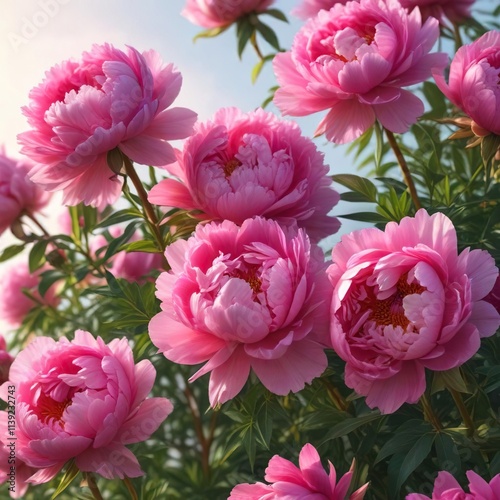 Fototapeta Naklejka Na Ścianę i Meble -  Vibrant pink peonies bursting forth from their buds in the warm sunlight of spring, sunny, seasonal flowers, garden