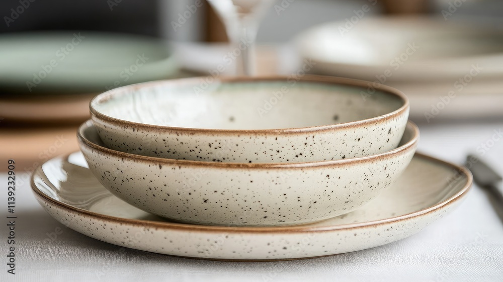 Elegant and Minimalist Table Setting Featuring Handcrafted Ceramic Bowls and Plates in Warm Earth Tones for Contemporary Dining Experience Elegant and Minimalist Table Setting Featuring Handcrafted Ceramic Bowls and Plates in Warm Earth Tones for Contemporary Dining Experience