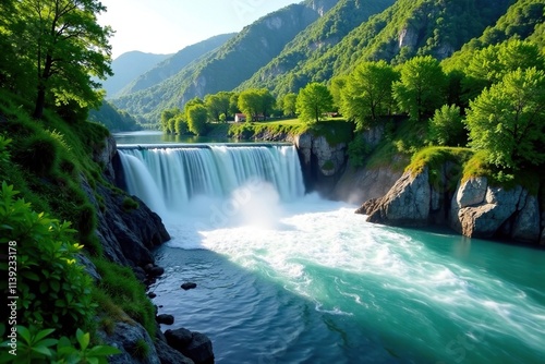 Water flowing through a hydroelectric dam with lush vegetation, reggio emilia, diga idroelettrica photo