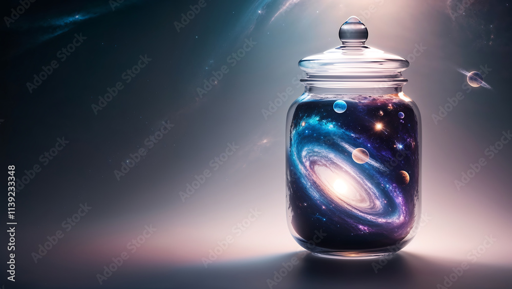 A mesmerizing and dreamy visual of a swirling galaxy and planets encapsulated inside a glass jar. A mesmerizing and dreamy visual of a swirling galaxy and planets encapsulated inside a glass jar.