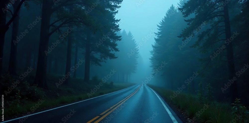 winding road disappears into thick foggy forest at night, highway, road, mystery