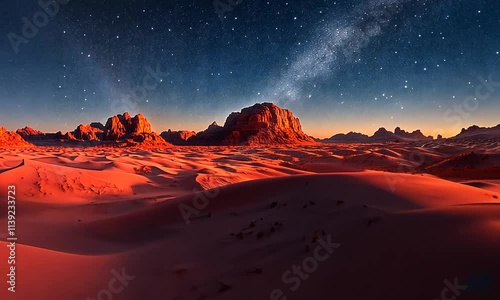 A stunning desert landscape at sunset with starry sky and rippling sand dunes.
