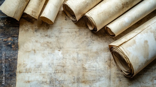 Aged Paper Scrolls and Ancient Document Resting on Wood photo