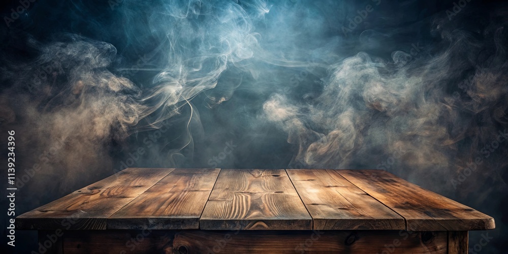 Rustic Wooden Tabletop with a Smoky, Mysterious Background Ideal for Product Displays or Eerie Compositions Rustic Wooden Tabletop with a Smoky, Mysterious Background Ideal for Product Displays or Eerie Compositions