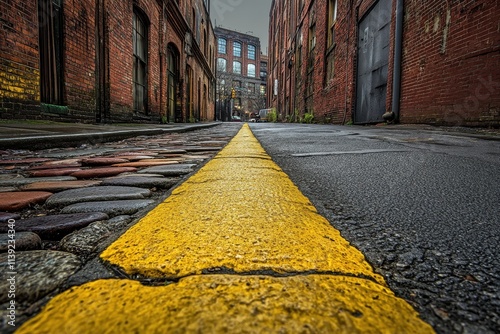 Cobblestone street with yellow line, brick buildings. Shows urban texture, ideal for travel, city, or road themes. photo