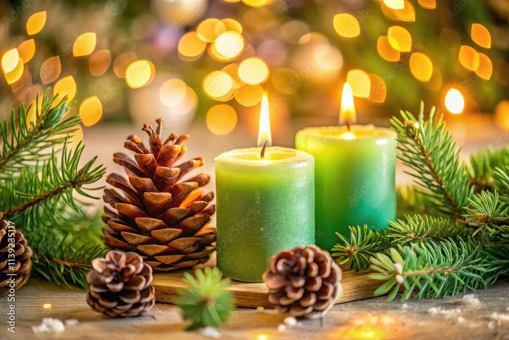Pastel candlelight illuminates festive pine cones and green tree decorations, a charming Christmas scene. Pastel candlelight illuminates festive pine cones and green tree decorations, a charming Christmas scene.