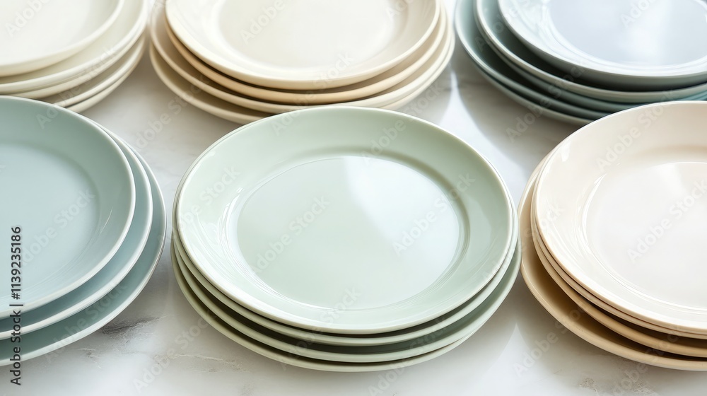 Stack of Elegant Round Plates in Soft Pastel Shades of Green, Beige, and White Arranged on a Marble Surface for Stylish Table Settings and Dining Decor Ideas