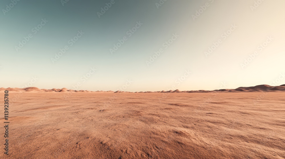 Vast and Arid Desert Landscape Under Clear Blue Sky with Distant Sand Dunes and Minimal Vegetation for Natural and Travel Themes Vast and Arid Desert Landscape Under Clear Blue Sky with Distant Sand Dunes and Minimal Vegetation for Natural and Travel Themes