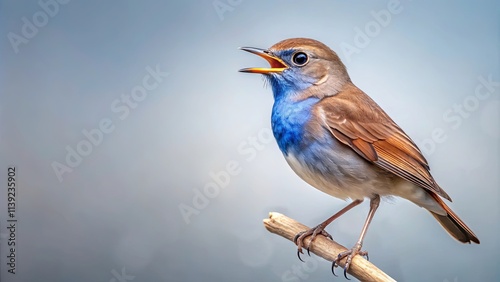 A vibrant small bird with a striking blue throat sings melodically while perched on a slender branch against a soft, muted background. photo