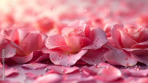 Close-Up of Pink Rose Petals with Water Droplets on a Softly Blurred Background.