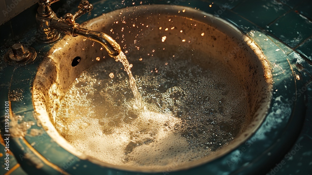 Fototapeta premium Vintage Sink with Golden Faucet: Water Flowing
