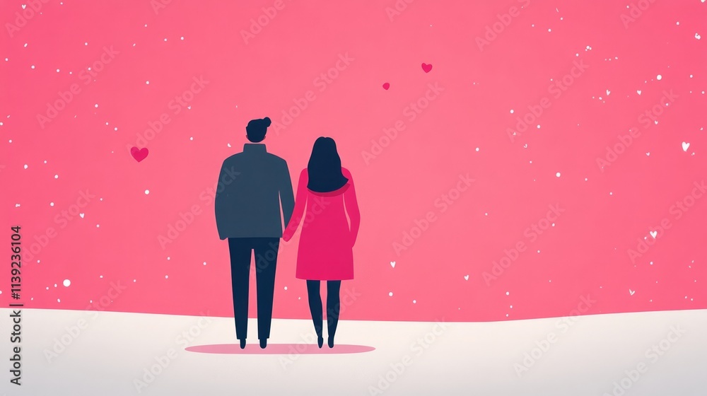 Romantic Couple Holding Hands in Front of Pink Background with Hearts and Snow, Perfect for Valentine's Day, Love, and Relationship Themes in Stock Photography Romantic Couple Holding Hands in Front of Pink Background with Hearts and Snow, Perfect for Valentine's Day, Love, and Relationship Themes in Stock Photography