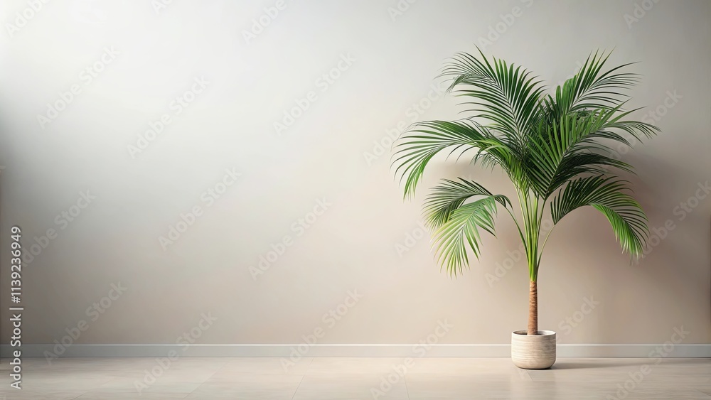 Fototapeta premium A potted parlor palm plant stands elegantly against a neutral wall in a minimalist interior design setting