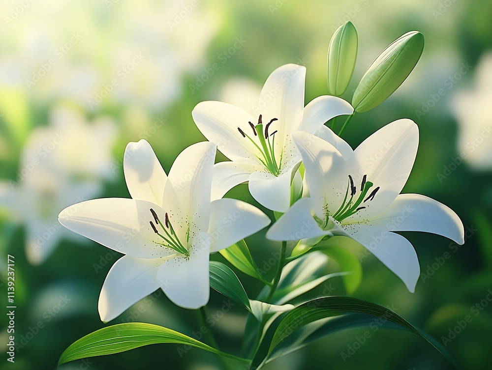 Delicate White Lily Flowers with Lush Greenery in Soft Sunlight : Generative AI