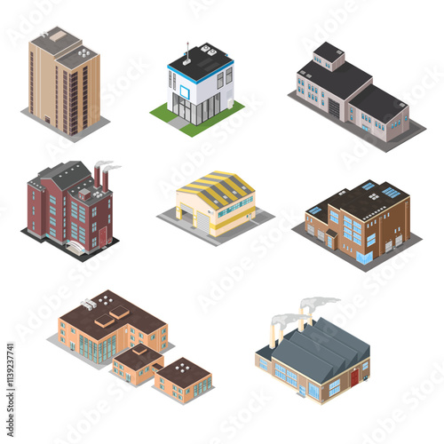 Isometric Architecture Buildings Icon Set Color Illustration Design