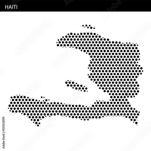 Detailed black and white map outline of Haiti with hexagonal dotted texture design