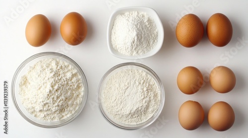 Ingredients for cake: flour, sugar, eggs, and mixing bowl, top-down view