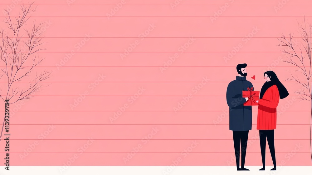 Couple Celebrating Special Occasion with Gift Exchange Against Soft Pink Background Featuring Minimalist Trees in Winter Setting Couple Celebrating Special Occasion with Gift Exchange Against Soft Pink Background Featuring Minimalist Trees in Winter Setting