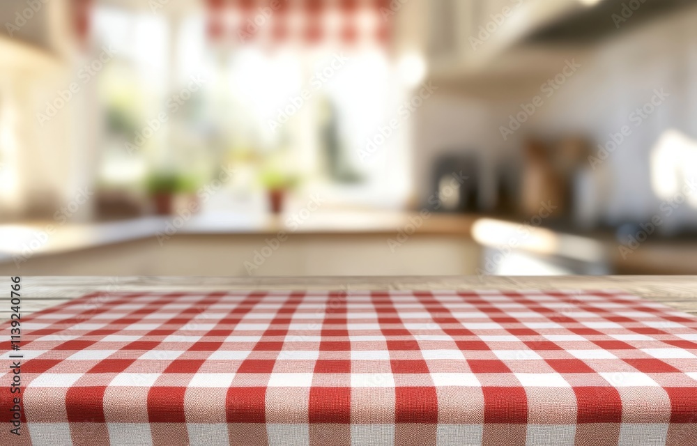 Red checkered tablecloth on kitchen counter. Red checkered tablecloth on kitchen counter.