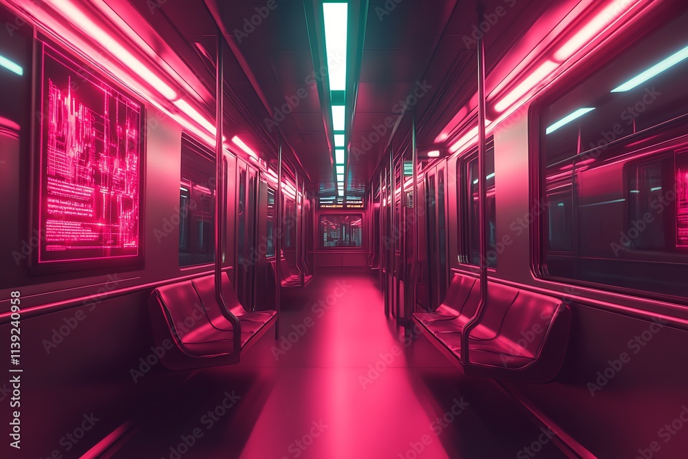 Fototapeta premium Neon Lit Subway Interior with Illuminated Posters and No Passengers at Night : Generative AI