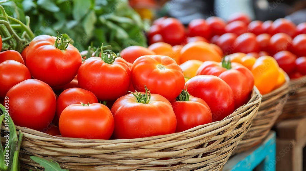 Fresh Red and Colorful Tomatoes in Woven Basket at Outdoor Market : Generative AI Fresh Red and Colorful Tomatoes in Woven Basket at Outdoor Market : Generative AI