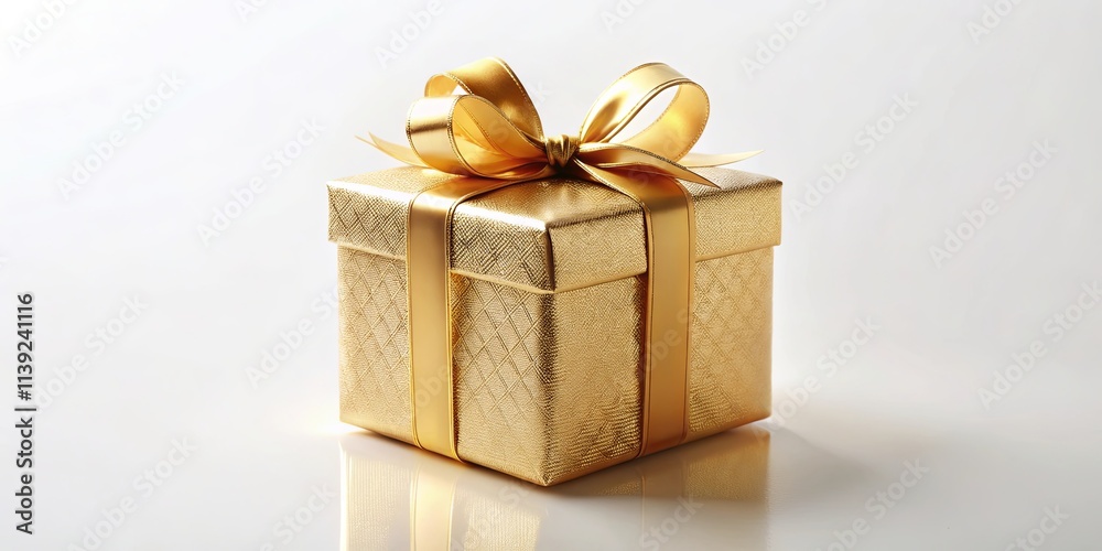 Obraz premium A luxuriously wrapped golden gift box with a large satin bow sits on a white surface