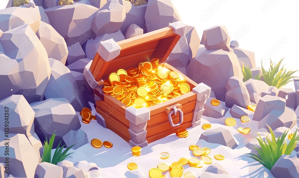 Open treasure chest with gold coins on rocky terrain. Open treasure chest with gold coins on rocky terrain.