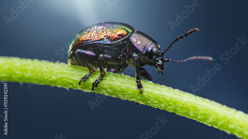 Iridescent dogbane beetle walking on green stem photo