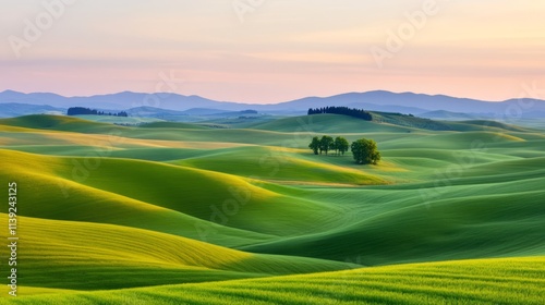 Serene Green Rolling Hills Under a Soft Pastel Sky at Dusk, Showcasing Nature's Tranquility in a Captivating Rural Landscape