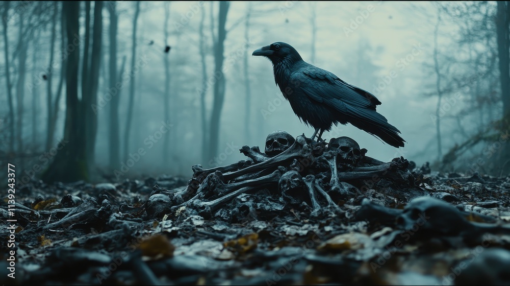 Fototapeta premium Raven perched atop a pile of skulls in a misty forest. Perfect for gothic, fantasy, or mystery themes; evokes feelings of death and foreboding.