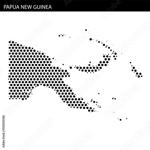 Map outline of Papua New Guinea with hexagonal dotted pattern highlighting its geography