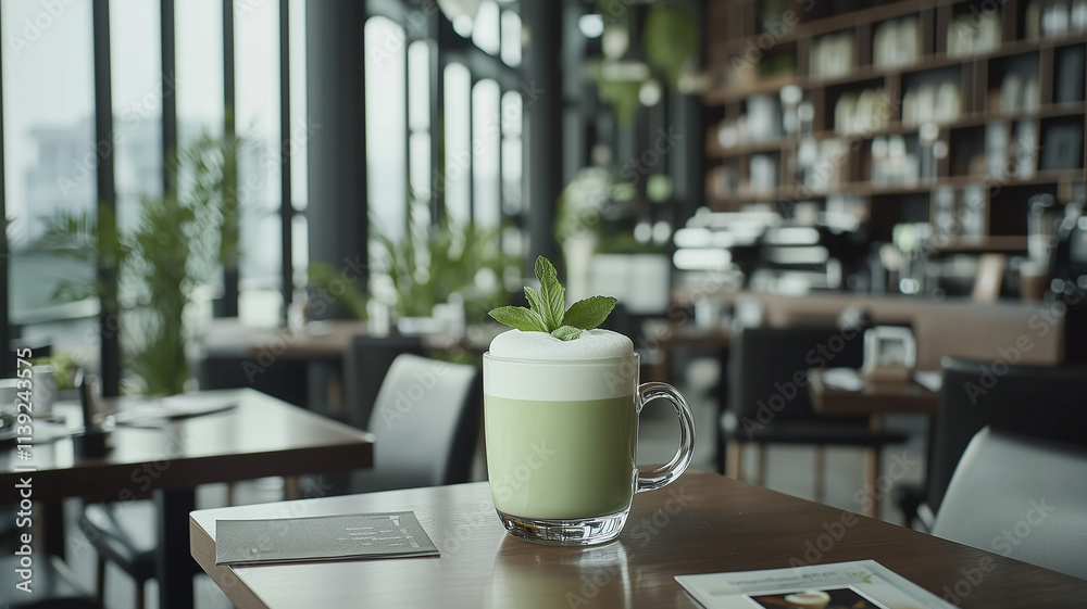 A refreshing matcha latte with a frothy top sits on a sleek modern table, surrounded by an elegantly designed contemporary café interior.
A refreshing matcha latte with a frothy top sits on a sleek modern table, surrounded by an elegantly designed contemporary café interior.