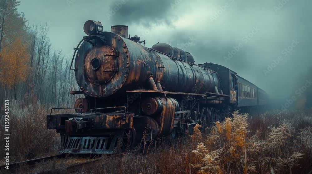 Obraz premium A vintage steam locomotive train on tracks through a misty forest.