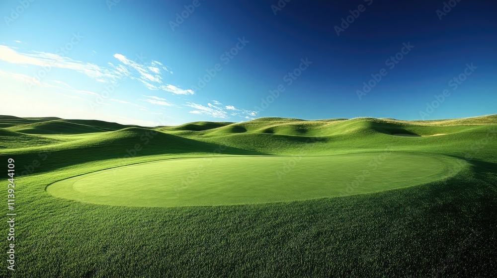 Serene Golf Course Landscape with Rolling Green Hills and Clear Blue Sky, Ideal for Sports and Nature Themes Including Recreation and Tranquility Serene Golf Course Landscape with Rolling Green Hills and Clear Blue Sky, Ideal for Sports and Nature Themes Including Recreation and Tranquility