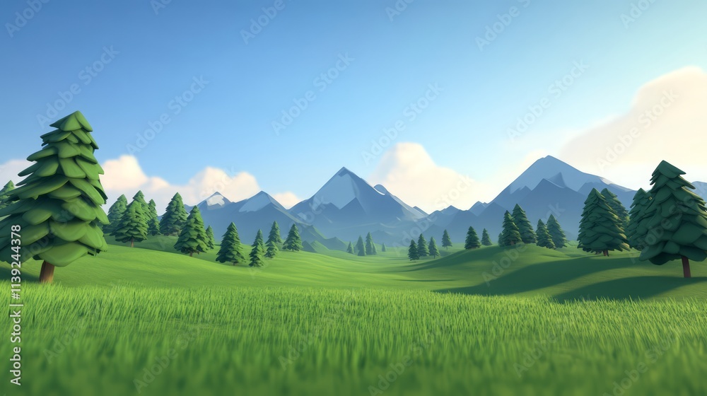 Tranquil Scenic View of Lush Green Meadows and Majestic Mountains Under Clear Blue Sky in a Vibrant Nature Landscape Illustration Tranquil Scenic View of Lush Green Meadows and Majestic Mountains Under Clear Blue Sky in a Vibrant Nature Landscape Illustration
