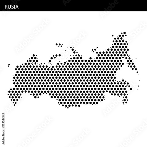 Map of Russia represented in a hexagonal dotted style showcasing geographic features