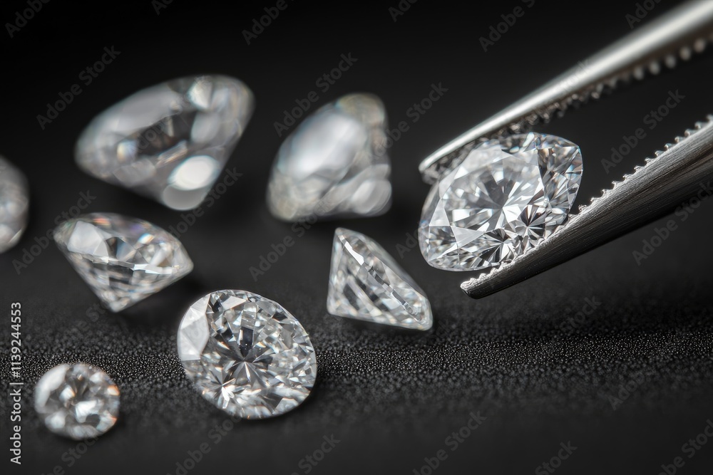 Sparkling Diamonds Held by Tweezers on Black Surface Sparkling Diamonds Held by Tweezers on Black Surface
