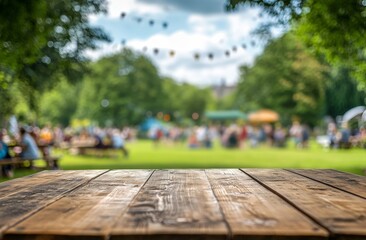 Wooden table in blurred park festival background.