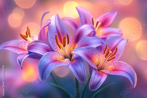 Exquisite Blossoming Purple Lilies in Dreamy Evening Glow Framework for Interior Decor : Generative AI