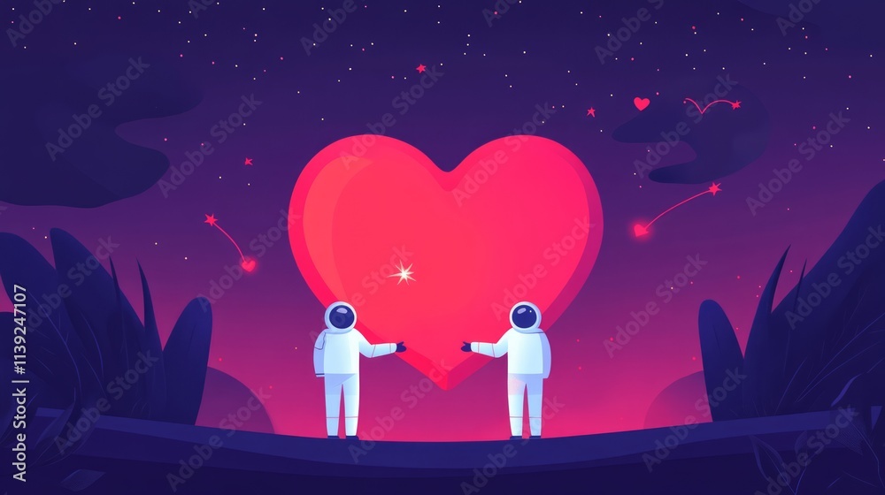 Obraz premium Two Astronauts Sharing a Heart in a Cosmic Landscape at Night with Shooting Stars and a Dreamy Atmosphere of Love and Wonder