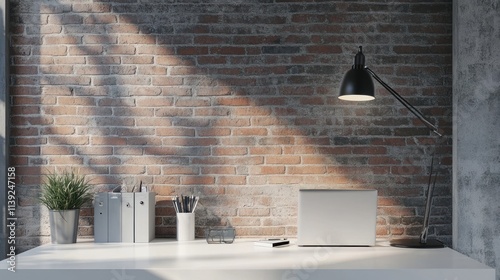Modern Workspace: Sunlit Brick Wall Office Desk Setup