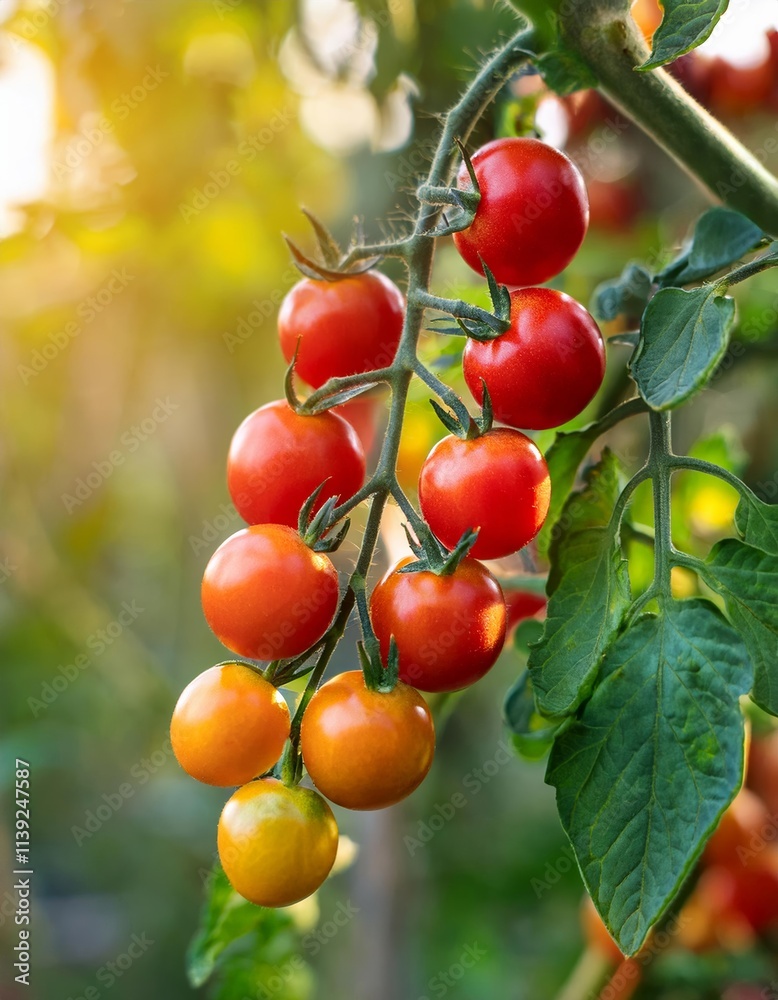 Branch of fresh red cherry tomatoes on tree in organic farm. Branch of fresh red cherry tomatoes on tree in organic farm.