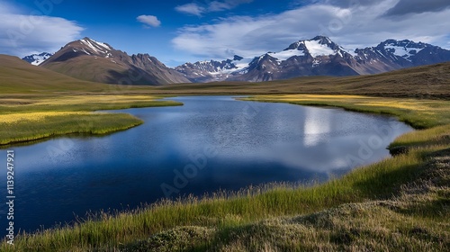 Serene mountain landscape with tranquil lake and blue sky under fluffy clouds : Generative AI