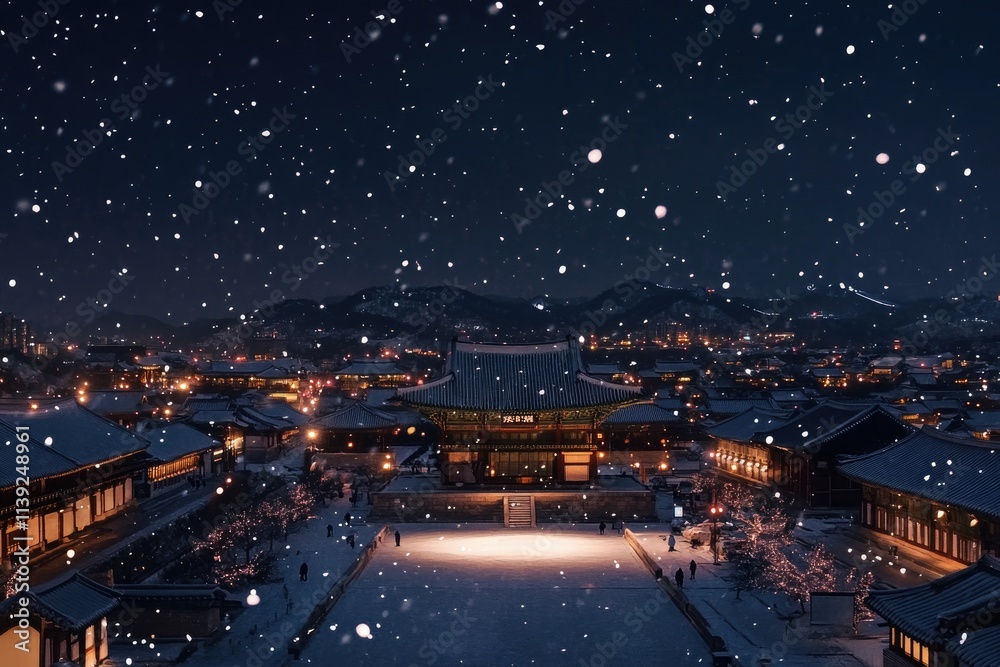 Fototapeta premium Snowfall Over Nighttime Palace Cityscape