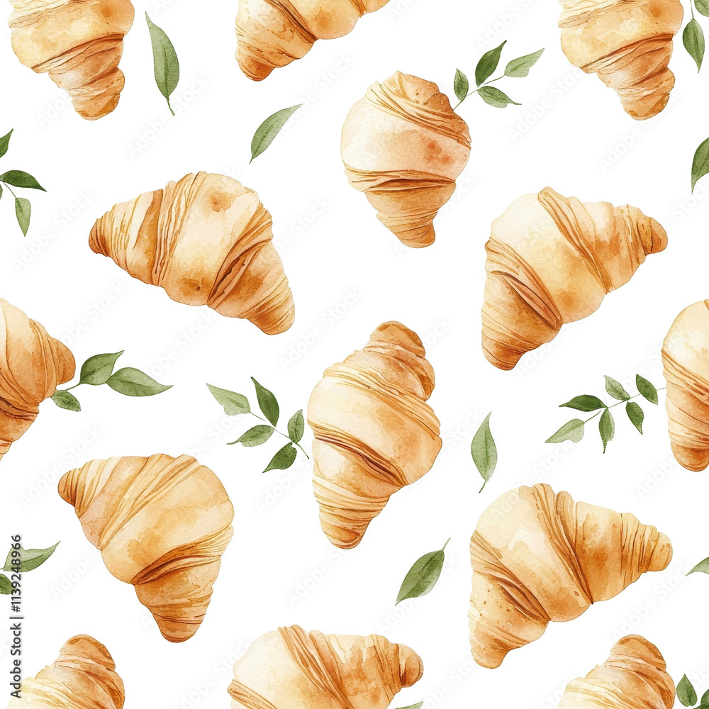 Watercolor seamless pattern of croissants, isolated on a white background, with delicate brushstrokes and artistic detail. cutout png
